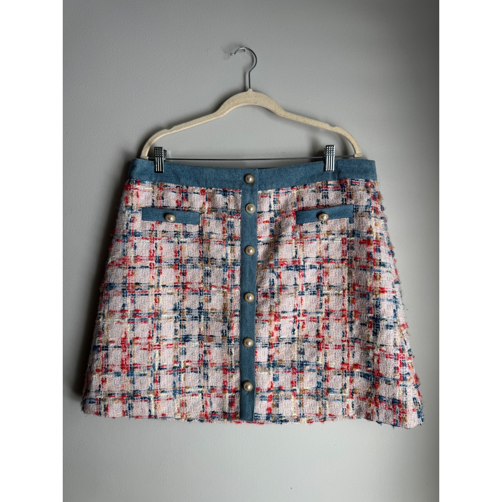 Nanette Lepore Tweed Mini Skirt XL Pink Blue Boucle Pearl Button Denim Trim NWT